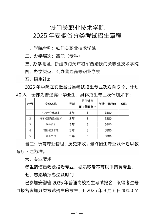 2025铁门关职业技术学院单招章程